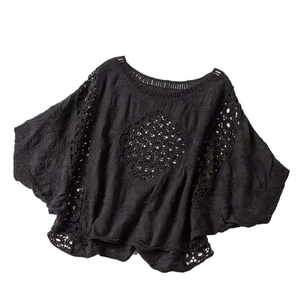 Cotton Lace Blouse with Dolman and Embroidered Openwork 1/2plus Women's Sleeves, Waistline, (Black)