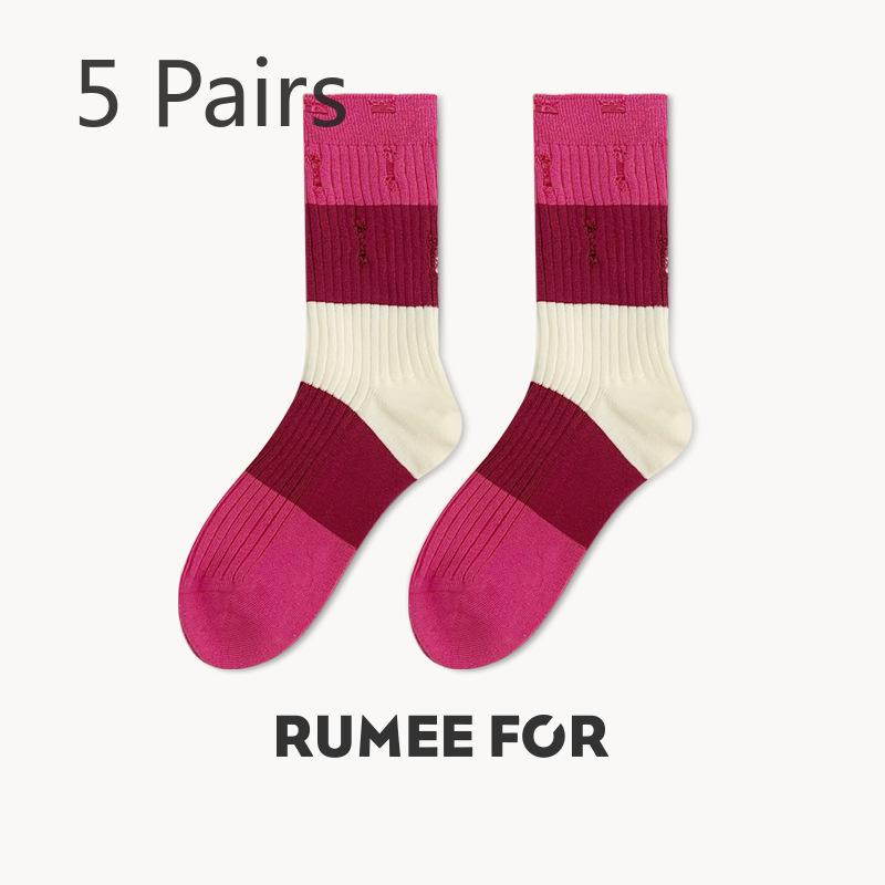 5 Pairs of Female Spring and Summer Personality Match Color Trend In The Tube Stack Socks
