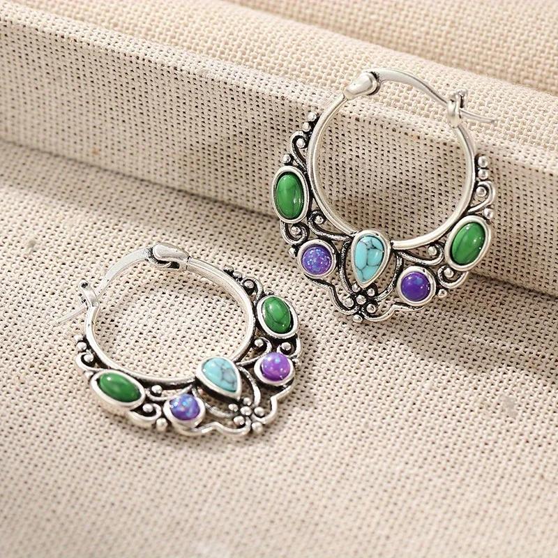 Bohemian Stil Synthetischer Türkis Inlay Hohl-Creolen Ohrringe Damen Vintage Silberbeschichtet Bankett Feiertags Schmuck Zubehör