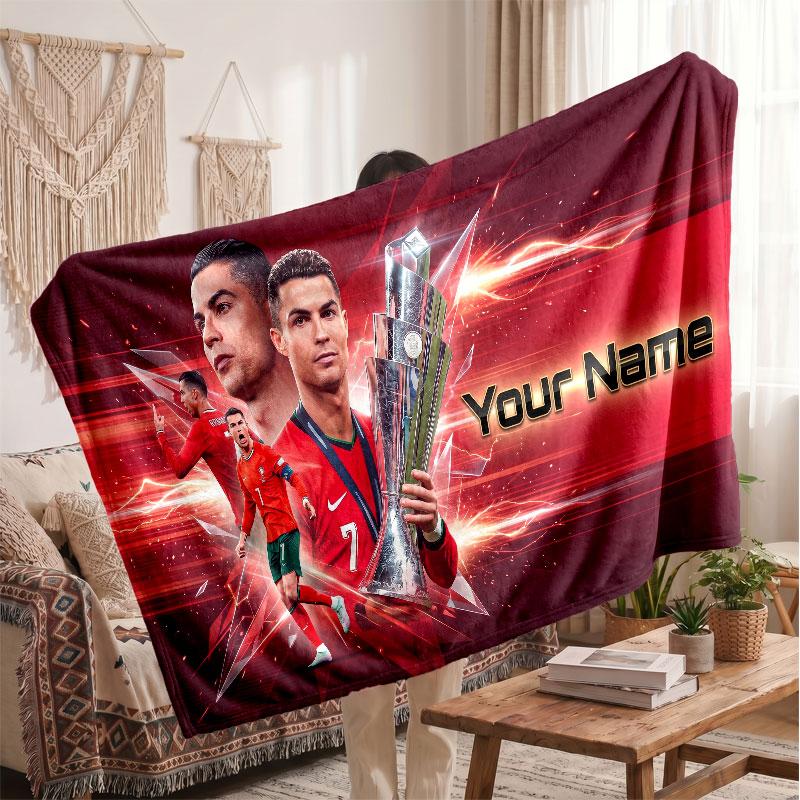 Coperta Personalizzata in Pile Cristiano Ronaldo con Logo Calcio, Testo Nome Personalizzato Morbida Calda Coperta da Divano per la Casa