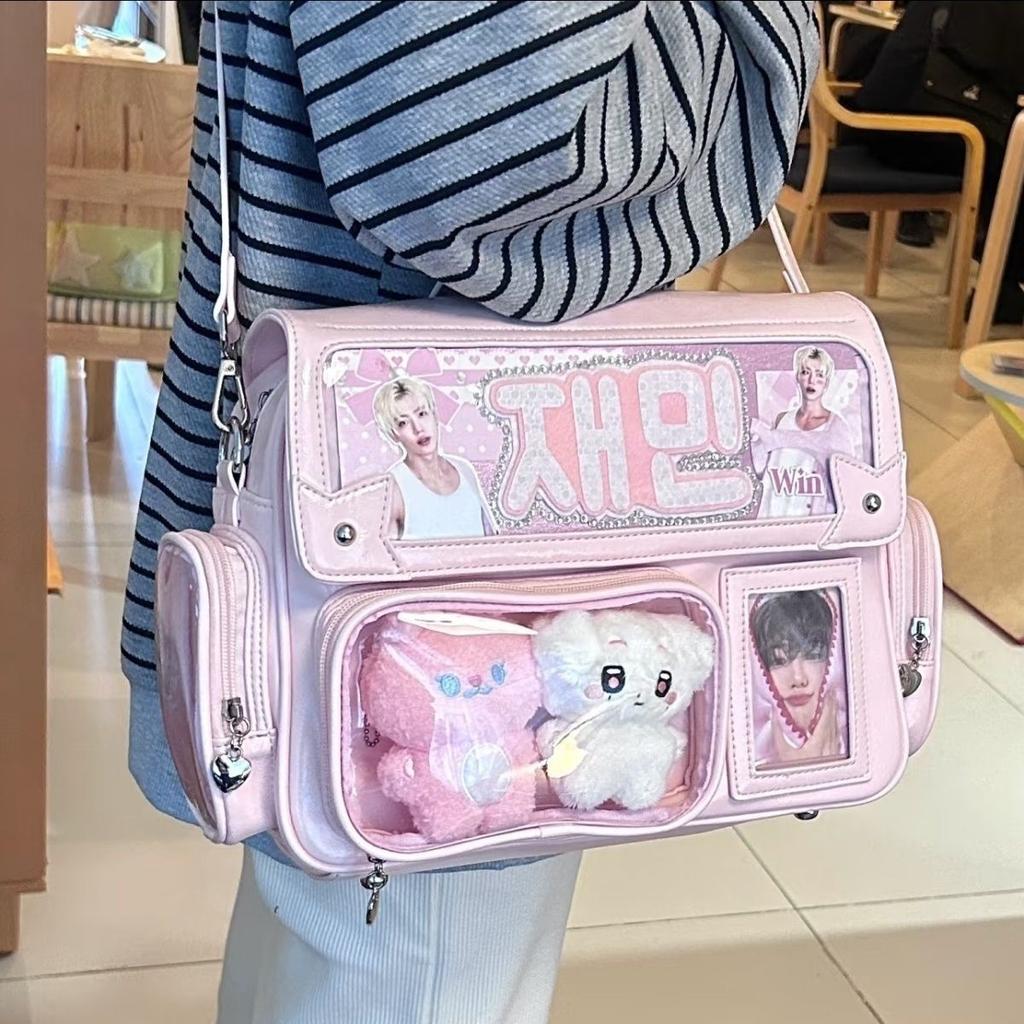 Y2K Miela Ita Krepšys Harajuku Mergaitė Skaidri Kišenė Didelės Talpos Crossbody Lolita Pasidaryk Pats Ženkliukų Eksponavimas Kasdieniai Pečių Krepšiai