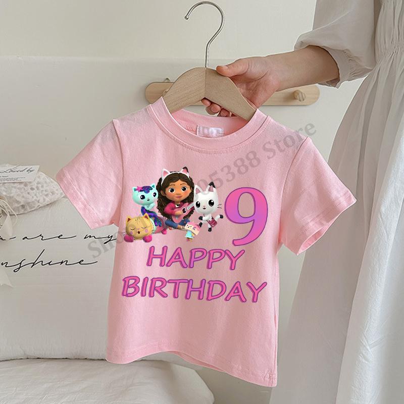 Gabby Dollhouse T-shirts for Children Anime Cartoon Number Printing Top Summer Short Sleeved Clothing Girls Fashion Pink Clothes
