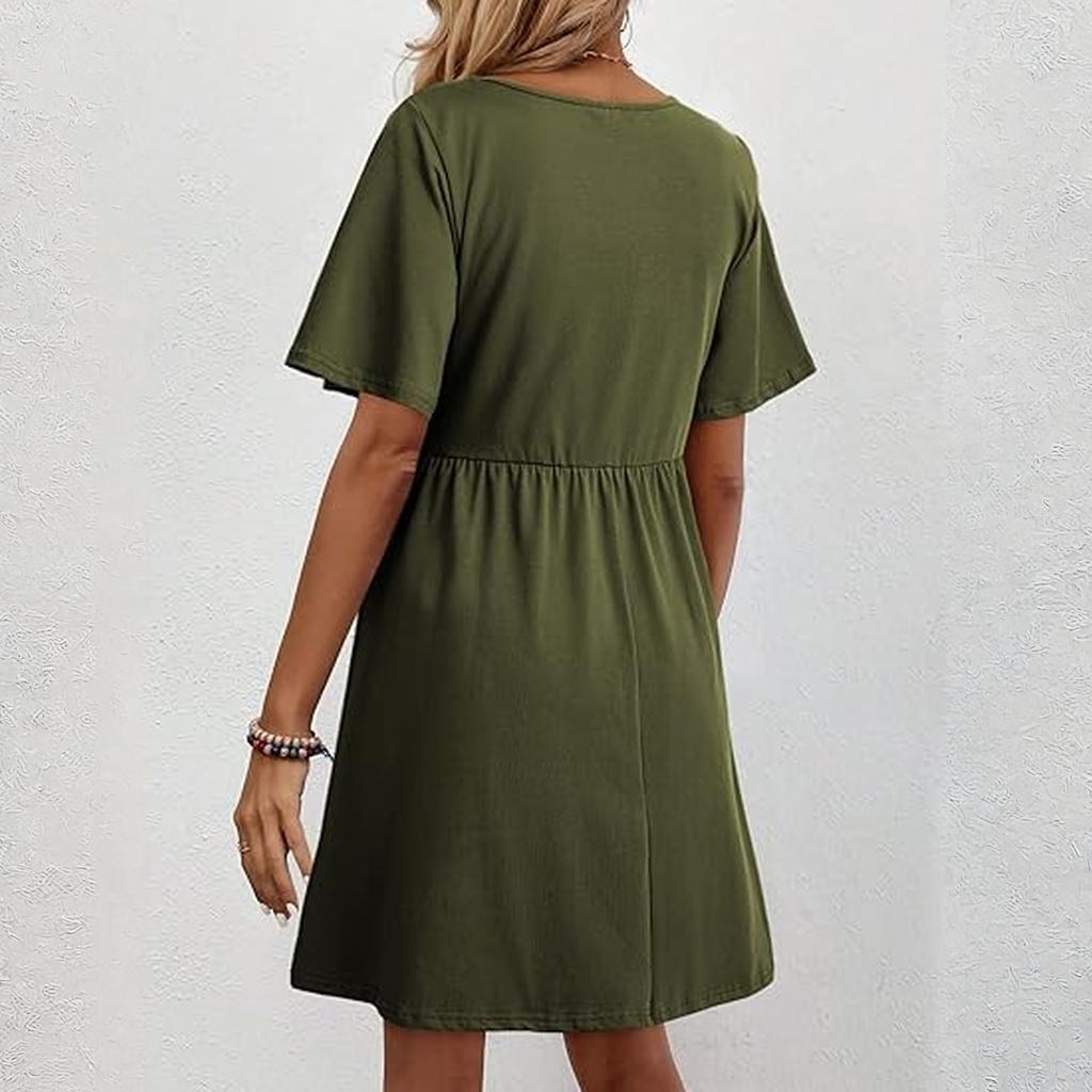 Robe courte à manches courtes imprimée, tendance et décontractée pour femme, à col en V ample, resserrée à la taille