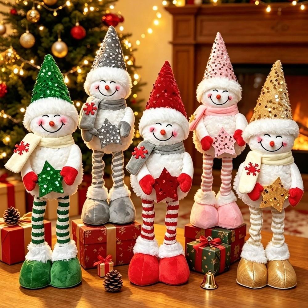 Sequined Retractable Snowman Figurine Sparkling Soft Fabric Christmas Snowman Stretchable Star Xmas Tabletop Ornament