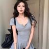 2026 new gray slim-fitting short-sleeved dress for women's summer waist pleated A-shaped skirt for small people