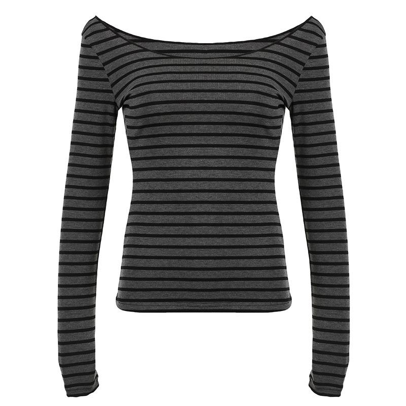 Women's Striped One-shoulder Long-sleeved Top Slouchy Wind Niche Hundreds of Light Cover-up Meat Thin T-shirt