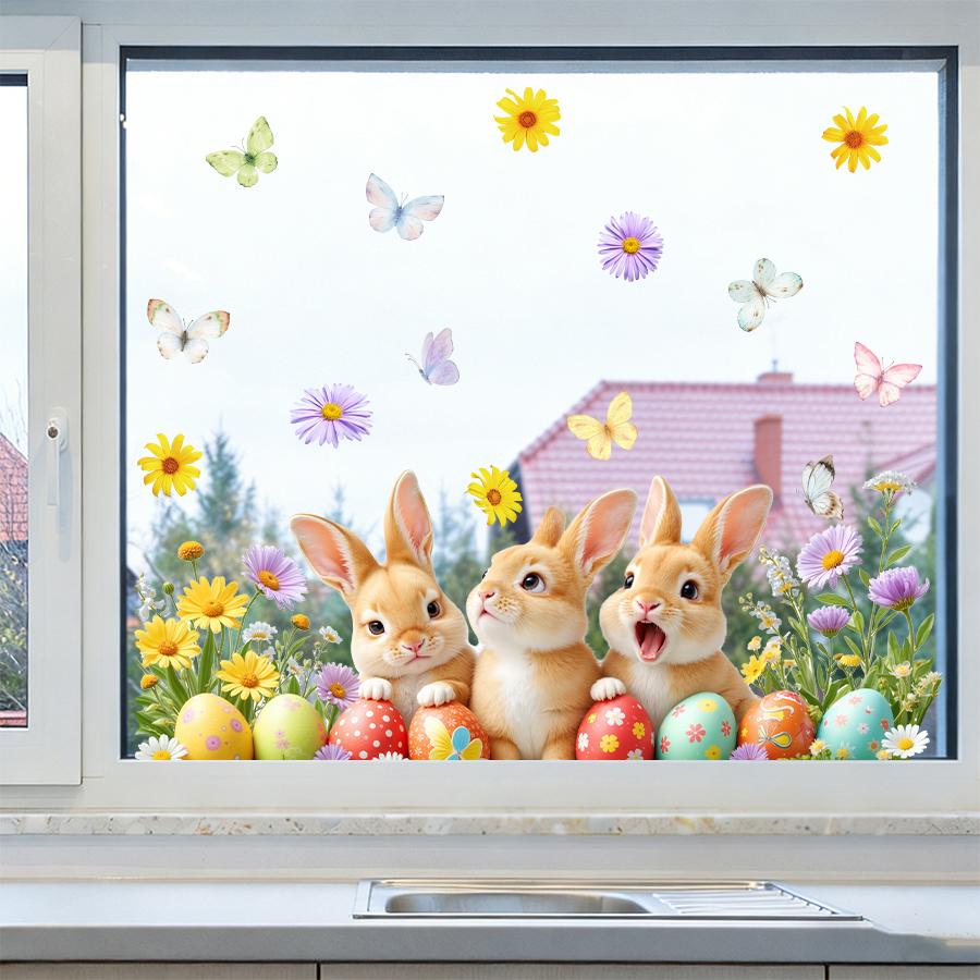 2Pc Easter Window Clings Cute Cartoon Bunny Egg Window Stickers For Kids Room Home Decoration Static Cling Reusable PVC Wall Art