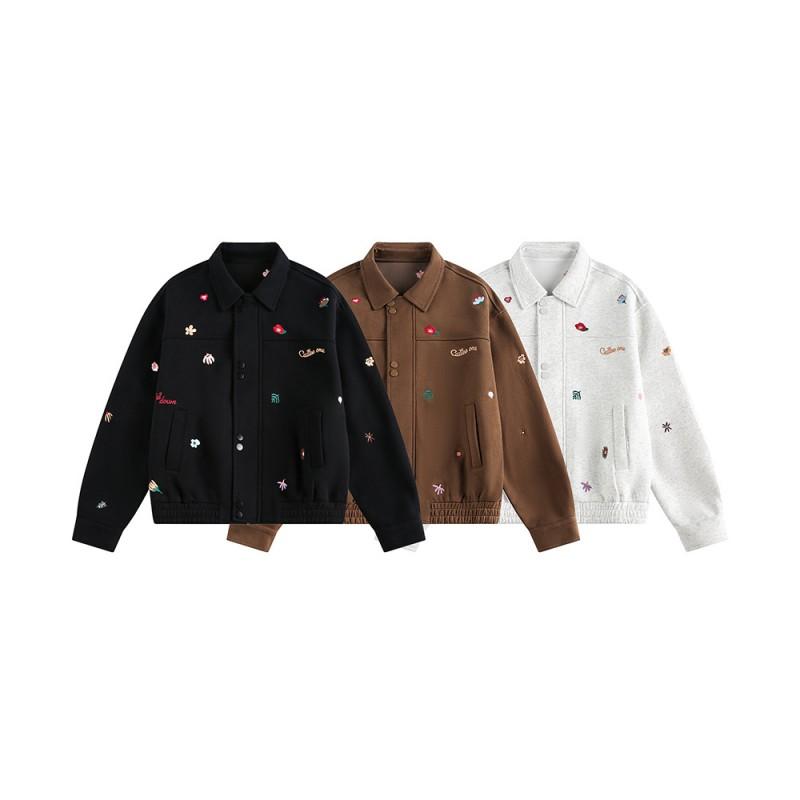 Unisex Vintage Short Cropped Jacket With Embroidered Floral Detail Cotton Zip-Up Hooded Outerwear Casual Wear