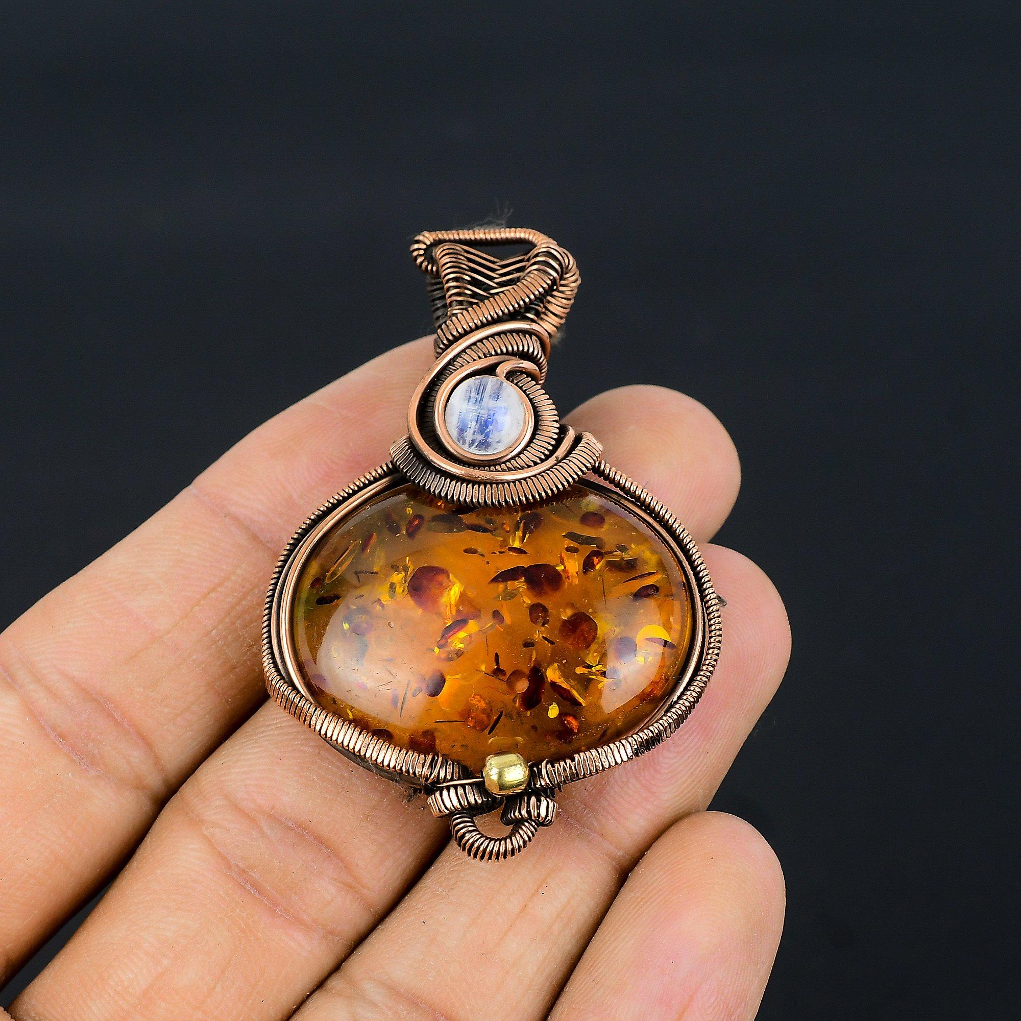 

Baltic Amber & Moonstone Pendant, 999 Copper Wire Wrapped Gemstone Jewelry, Handmade Pendant For Mother Day 2.55 Inches