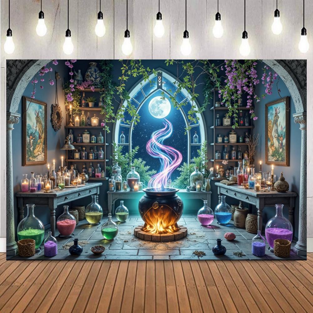 Halloween Theme Photography Background Full Moon Magic Potions Witch Kids Family Party Deco Banner Supplies Photo Backdrop5