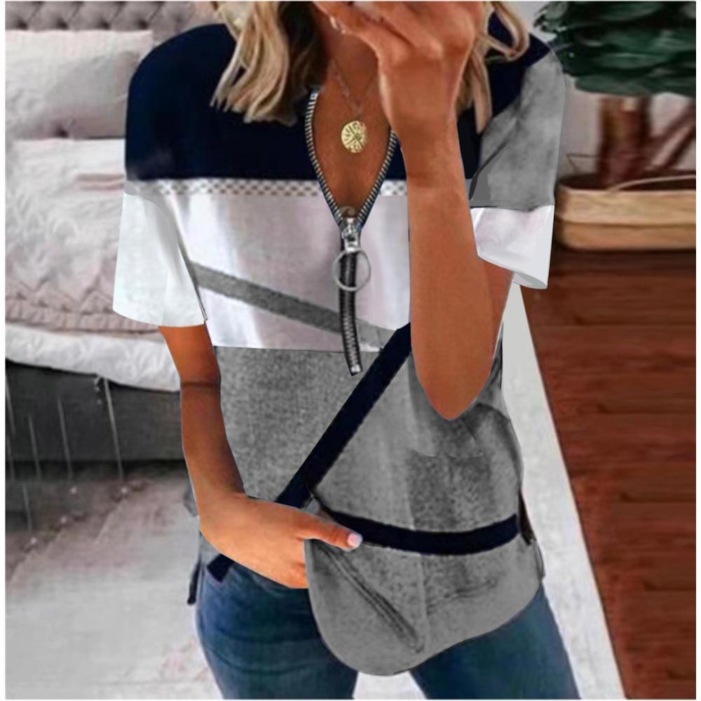 EastRogue Women's Fashion Casual Summer Print Short Sleeve Zip Collar Loose Blouses & Shirts