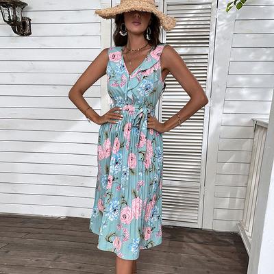 Women's Vintage Bohemia Summer Spring Floral Print Sleeveless V-Neck High Waist Casual Dresses