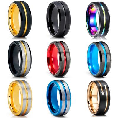 8MM Men's Stainless Steel Rings Blue Red Rainbow Groove Beveled Edge Ring Carbon Fiber Ring Men's's Wedding Band Jewelry