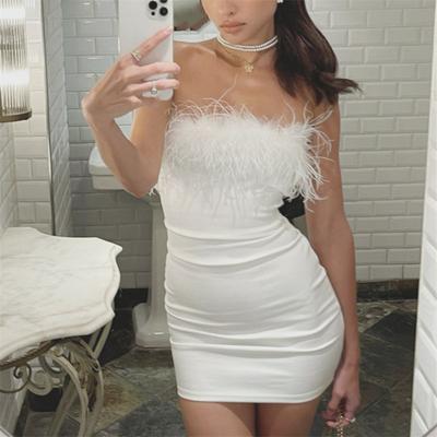 Summer Women Fashion Clothes Elegant Dresses Mini Dress Party Clubwear Off Shoulder Sexy Feather Slim Streetwear Solid Patchwork