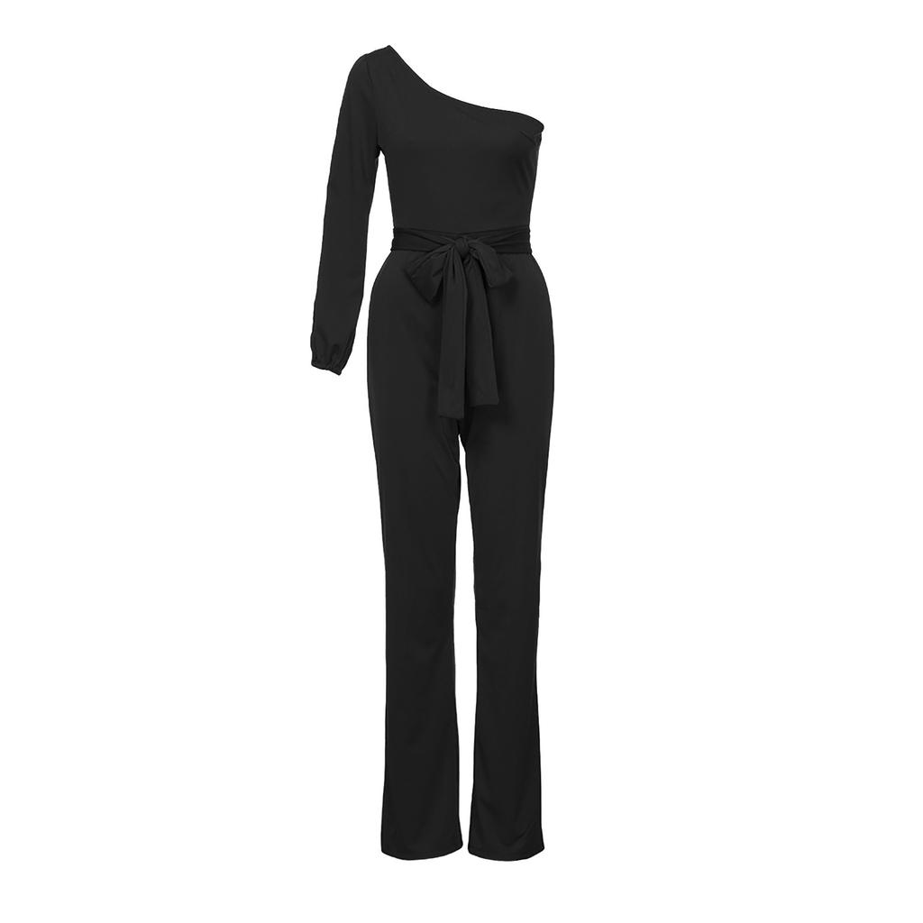 Women's One Shoulder High Waist Tie Solid  Long Sleeve Slim Sexy Jumpsuit