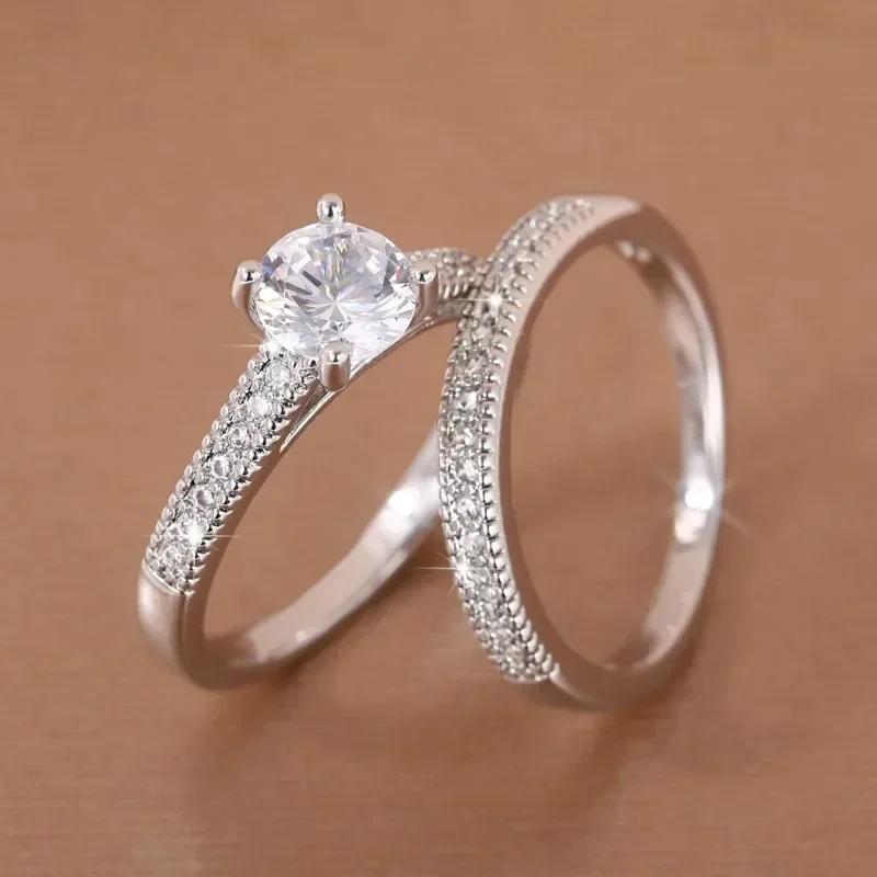 

2Pcs Set Luxury 4 Claw Cubic Zirconia Engagement Wedding Rings For Women Simple Classic Jewelry 10
