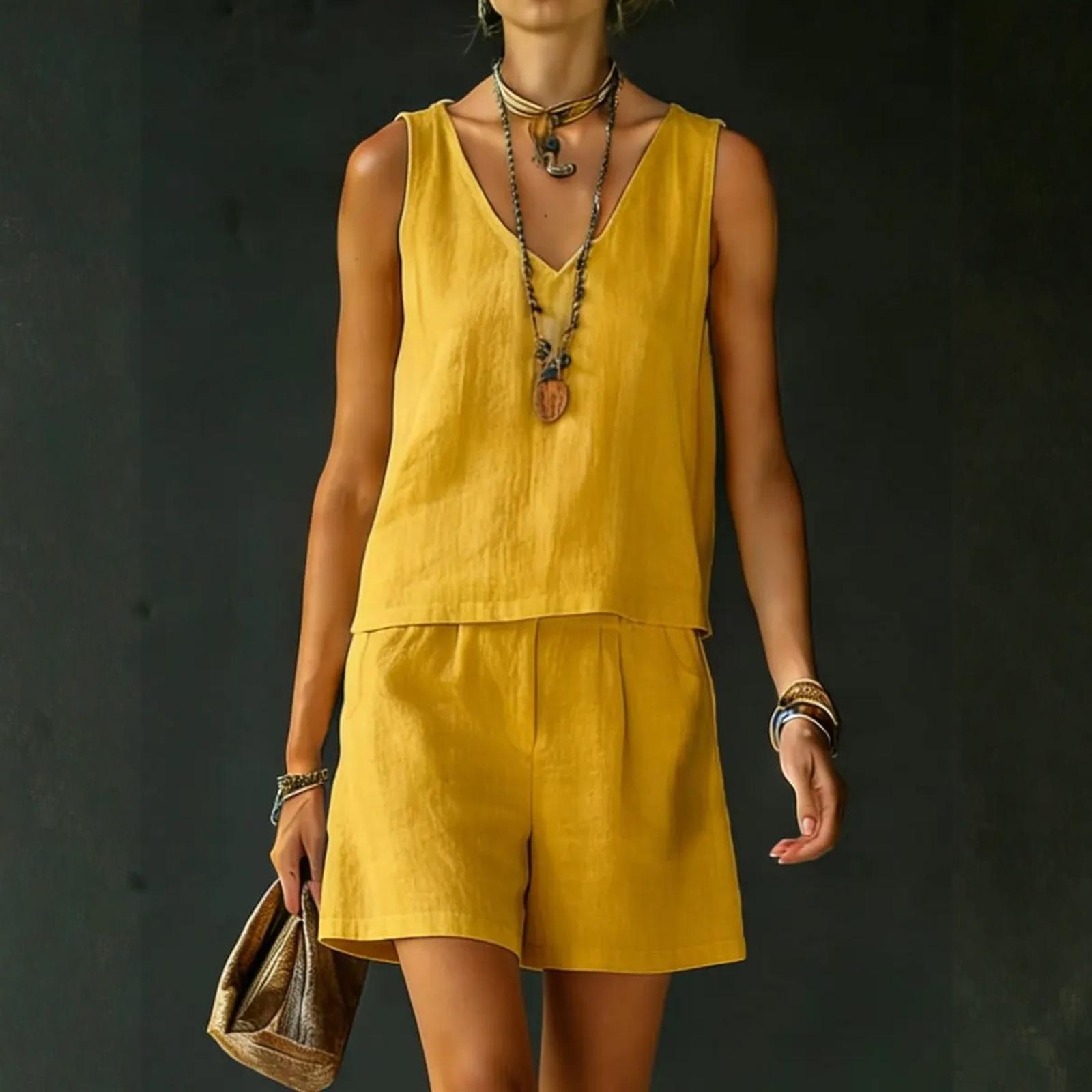 

Women s Fashionable Cotton Linen Casual Vest And Shorts Set XL жовтий