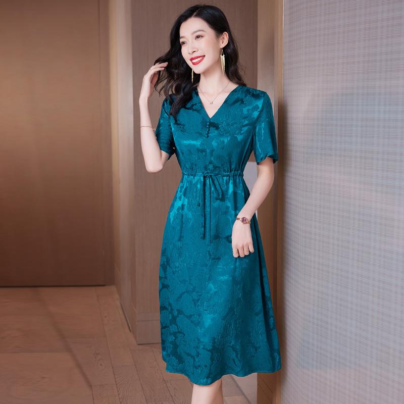 Silk dress mmi  women's v-neck jacquard mulberry silk skirt