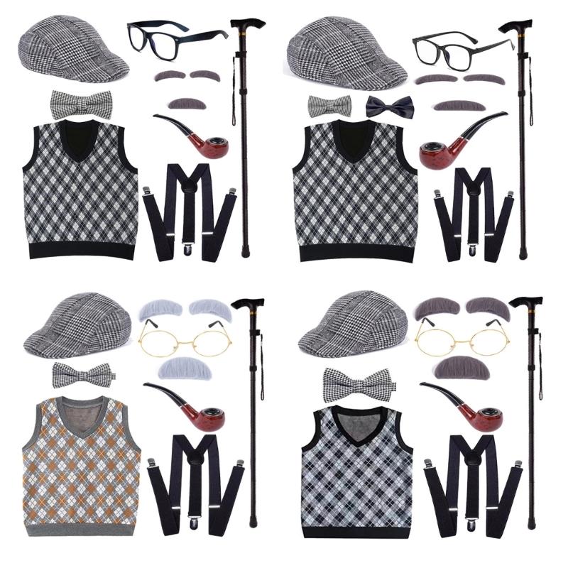 100 Days Of School Halloween Grandpa Costume Set Old Man Costume Set Hat Glasses Mustache and Eyebrows for Kids Boys