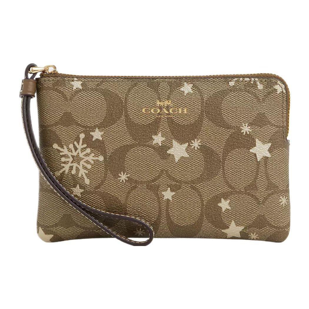 Coach Corner Zip Wristlet 16 Classic Monogram Star Snowflake Print Zipper Closure Coated Canvas Smooth Leather Wristlet Clutch Small CN756-IMWD9 Basic Set (Bag+Dust Bag)