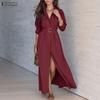 ZANZEA Autumn Spring Women Lapel Collar Belted High Waist Split Long Sleeve Casual Maxi Dress