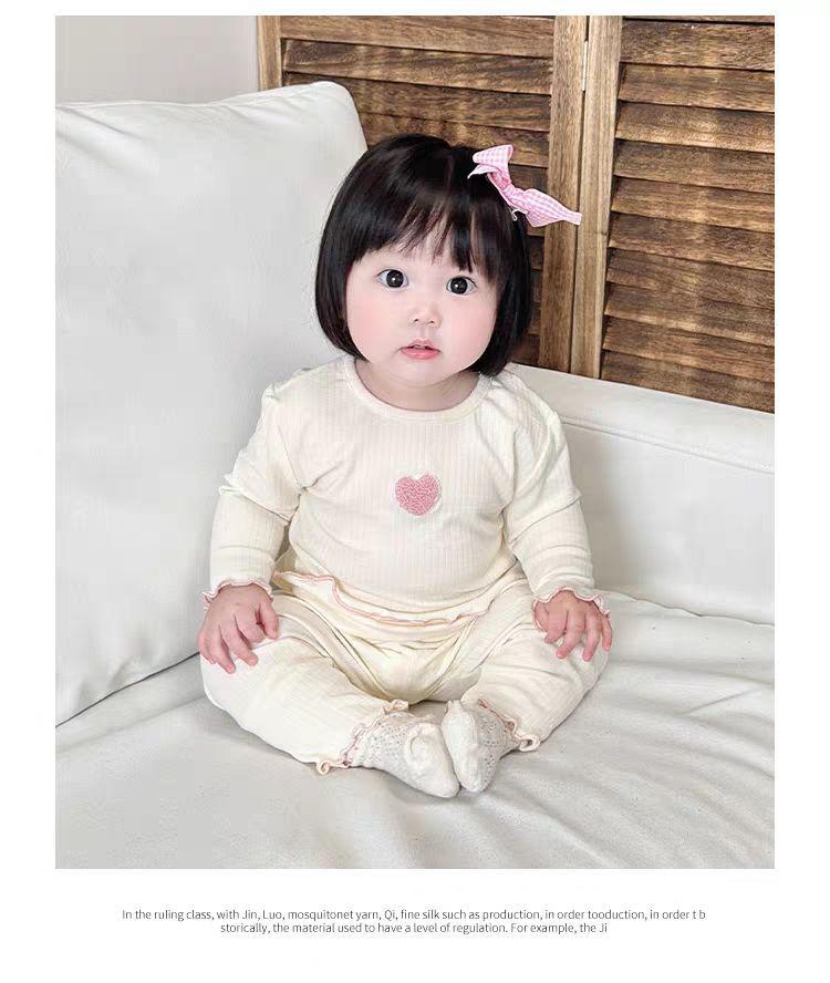 Embroidered Heart Long Johns Pajama Set for Baby Girls - Autumn Two-Piece Homewear