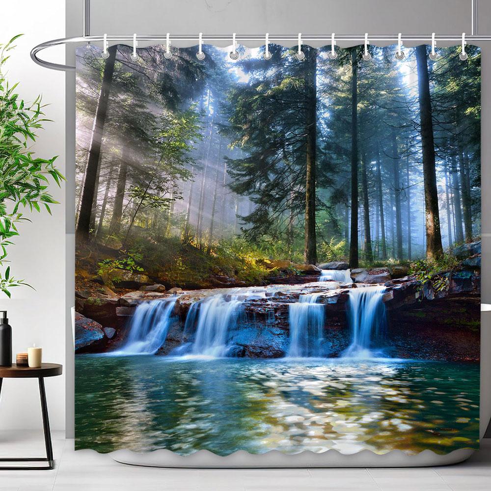 Outdoor Scenic Shower Curtain Waterfall Landscape Nature Landscape Tropical Forest Polyester Fabric Shower Curtain Bathroom Deco