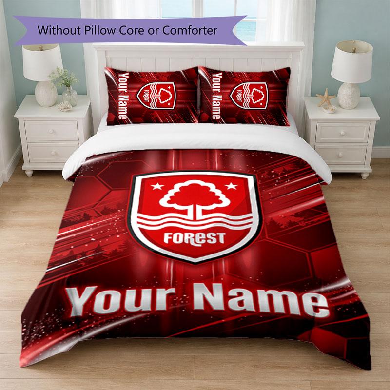 Nottingham Forest FC Benutzerdefinierter Name Text Bettwäsche-Set 1 Bettbezug+2 Kissenbezüge Fußball-Logo Personalisierte Geschenk für besonderen Anlass Schlafzimmer-Dekoration