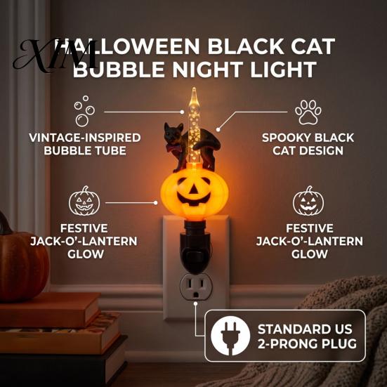 Decorative Night Lamp Black Cat Pumpkin Light for Halloween, LED Light-up Glowing Ambient Plug-in Lamp, Holiday Party Decor Warm Glow
