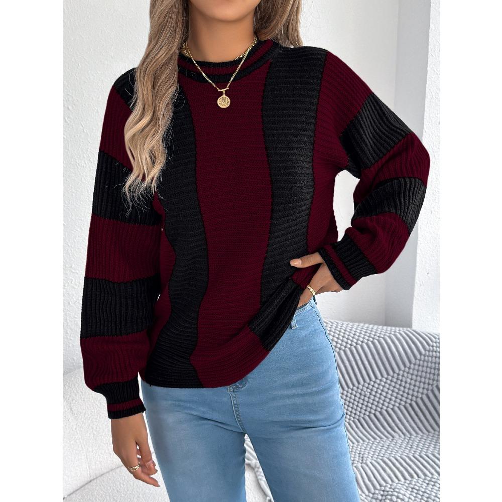 Fashionable Women's Hoodie: Casual Contrast-Striped Lantern-Sleeve Pullover Knitwear