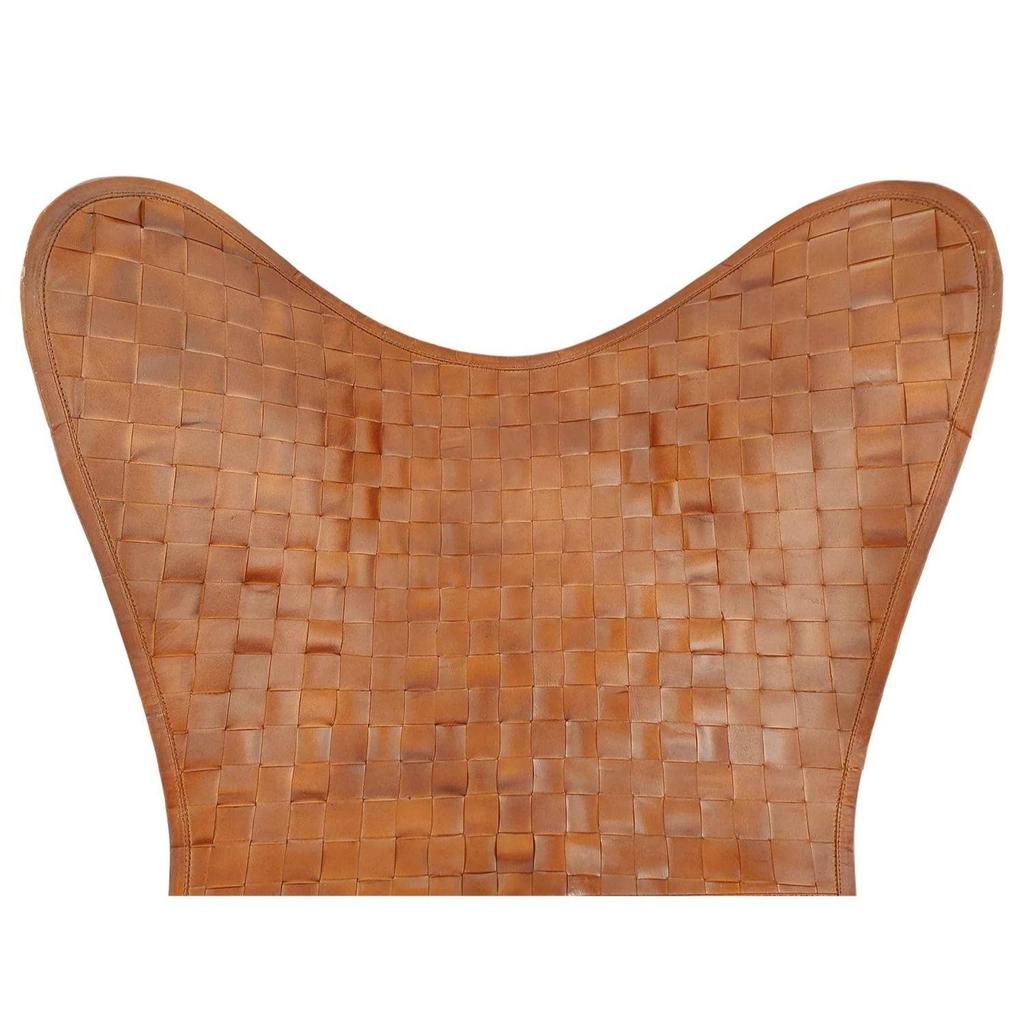 Leather Butterfly Chair-Hand Weaved Tan Brown Leather Butterfly Chair-Handmade with Golden Powder Coated Folding Iron Frame.