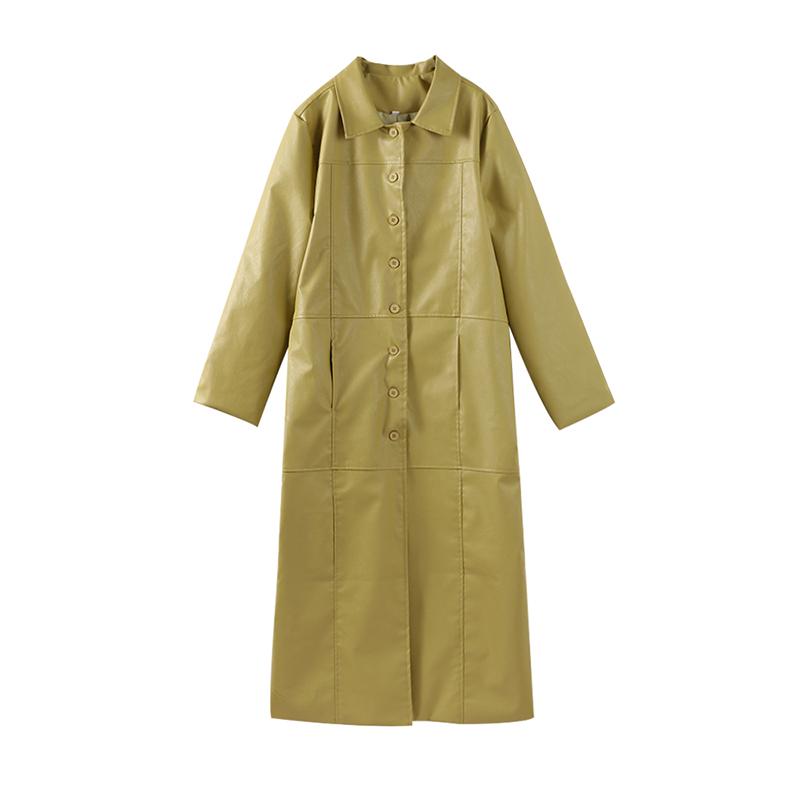 

Женское пальто из искусственной кожи с узкими лацканами, однобортное пальто, повседневный тренч цвета хаки, винтажный британский стиль, новая мода, для поездок на работу, весна и осень M