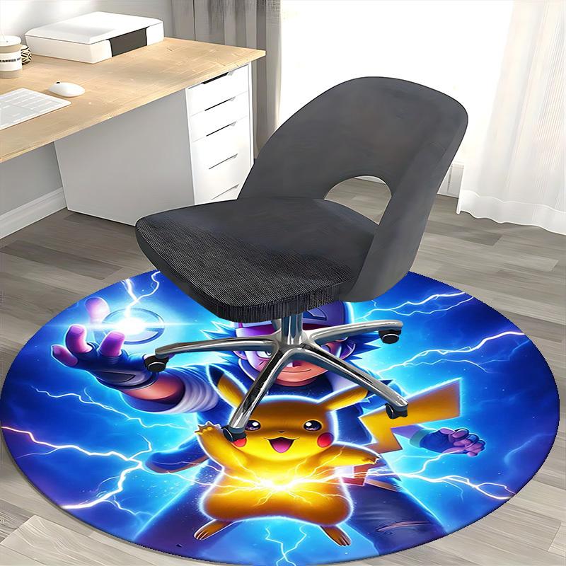1 szt. Okrągły dywanik Pokemon Pikachu - Mata na krzesło z motywem anime do biura, wystroju domu, salonu