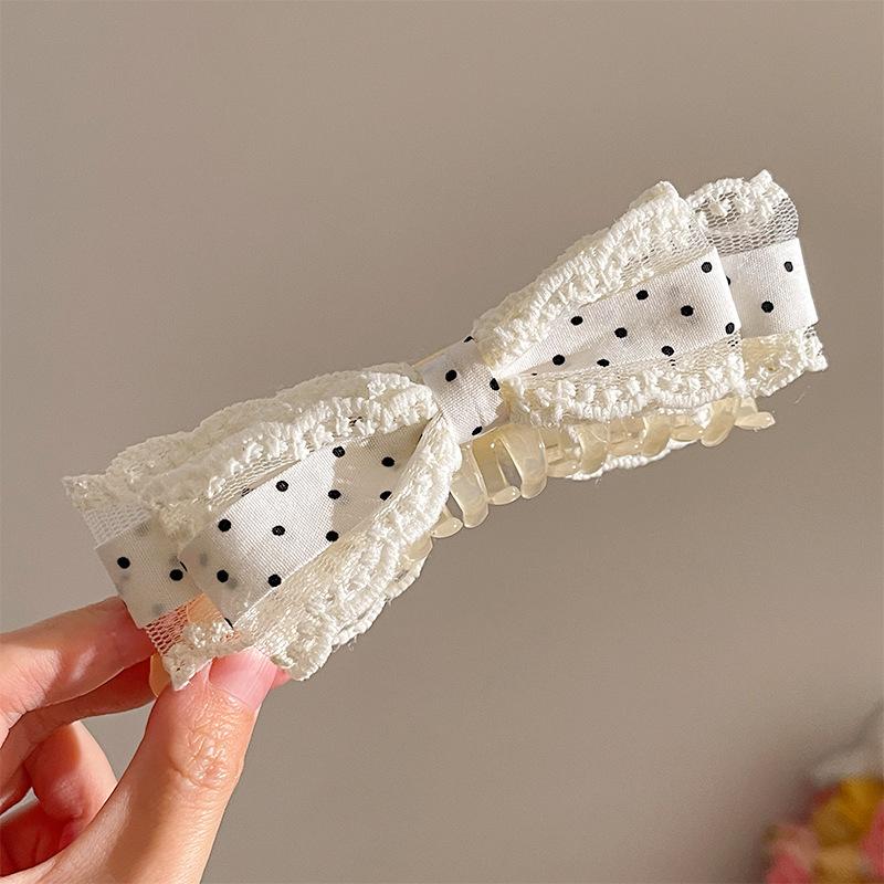 White Lace Polka Dot Gentle Wind Bow Banana Clip Ponytail Niche Grab Clip 2026 Hairpin