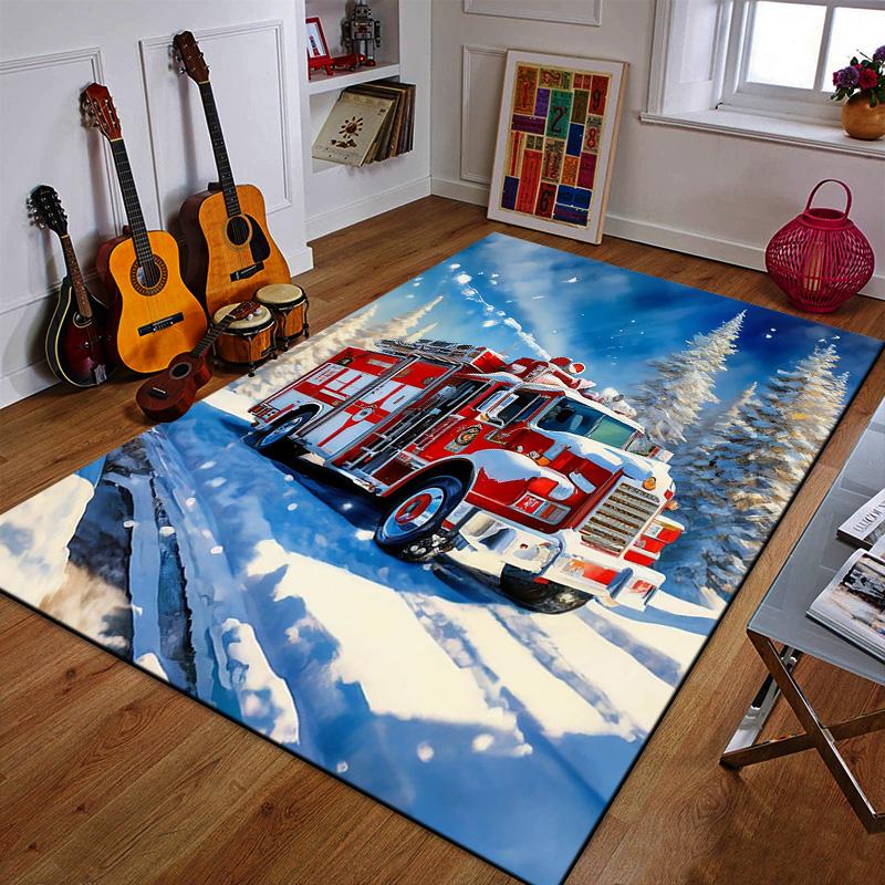 Fire Truck in Snowy Winter Forest Patterned carpet a non slip rug suitable for all seasons and any setting, gift