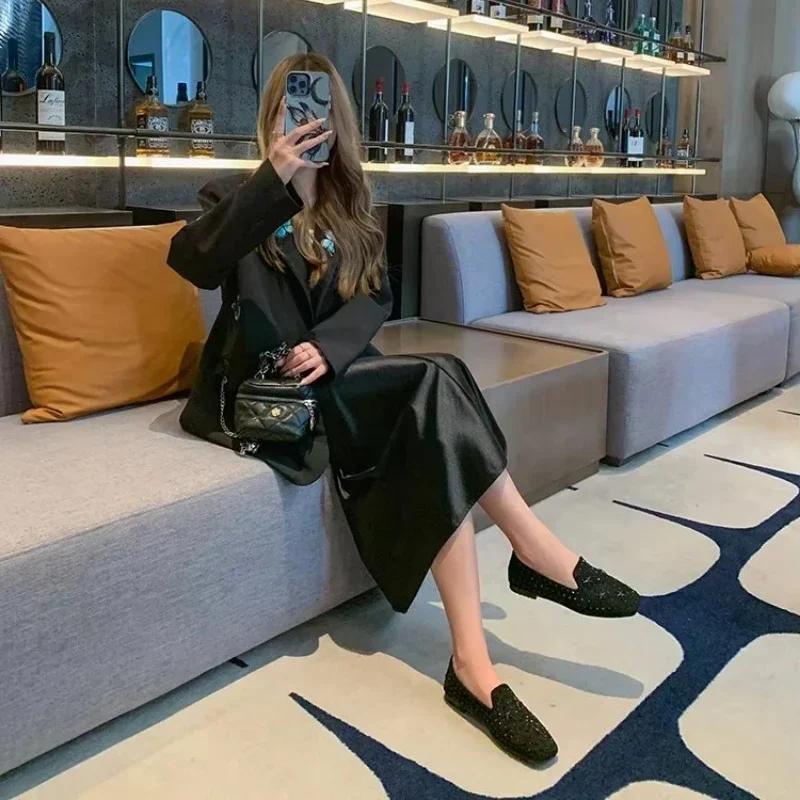 Women's Loafers Rivet Rhinestones Square Heel Women Work Shoes Comfortable for Leisure Versatile Canvas Flat Shoes Zapatos Mujer