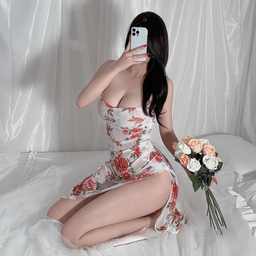 Vintage Floral Tube Top Nightgown Slim Fit High Slit Sexy Long Print Loungewear Dress 633 Romantic Flattering Sleepwear with Timeless Floral Patterns