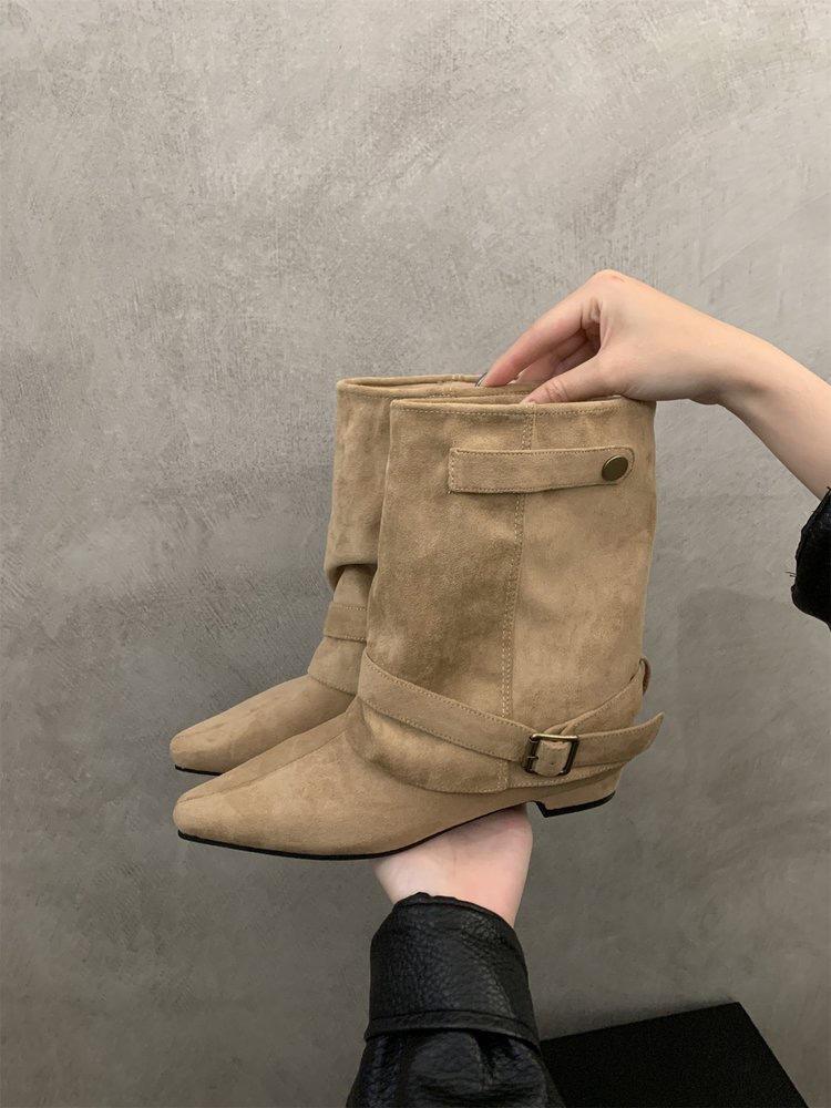 Skinny belt buckle short tube thick heel short boots Spice girl style pants tube pointed short boots women's boots locomotive new black