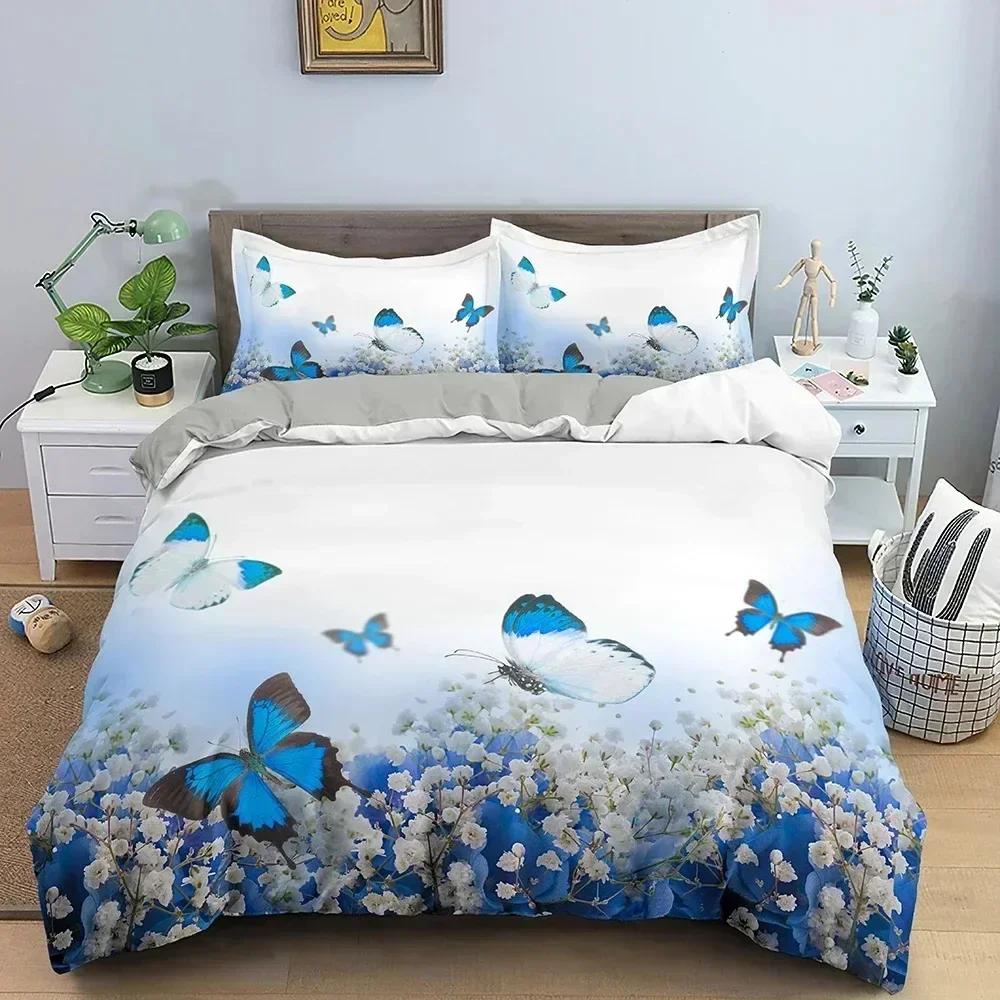 Ensemble Housse de Couette Papillon Doux Housse de Couette Papillons dans les Fleurs Motif Ensemble de Literie Pleine King Queen Taille Linge de Lit 70x133cm 2pcs