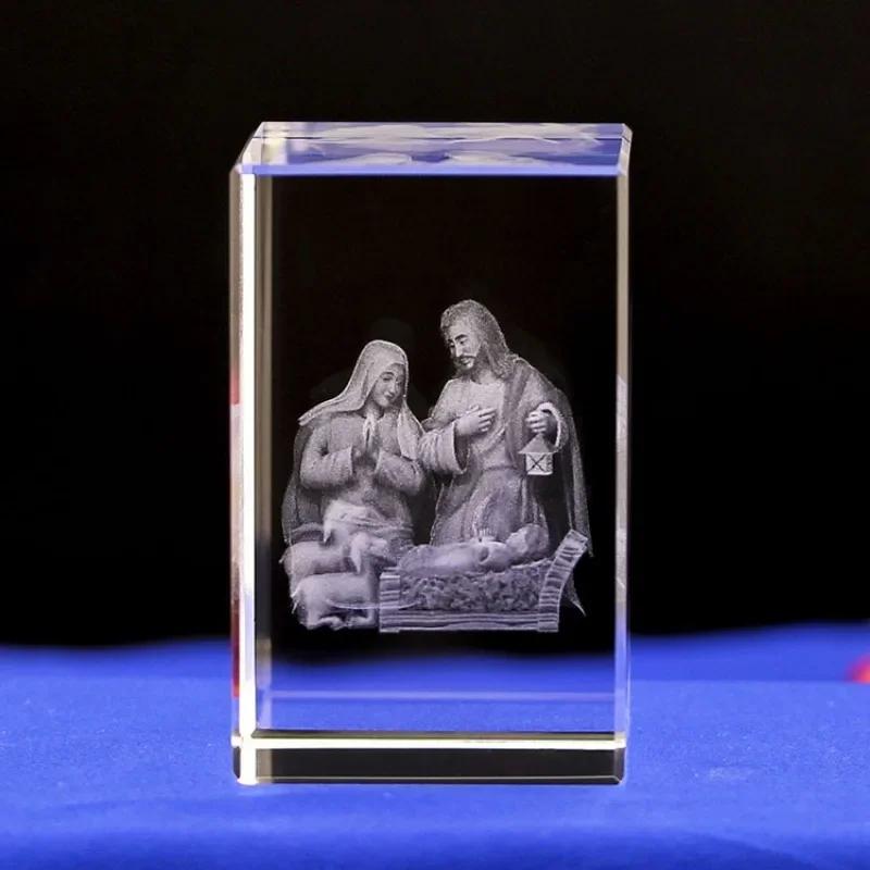 3D  Crystal Cube Christian Jesus Cross Figurine Home Decor Virgin Mary Laser Engrave Crystal Religious Gifts for Women's Birth