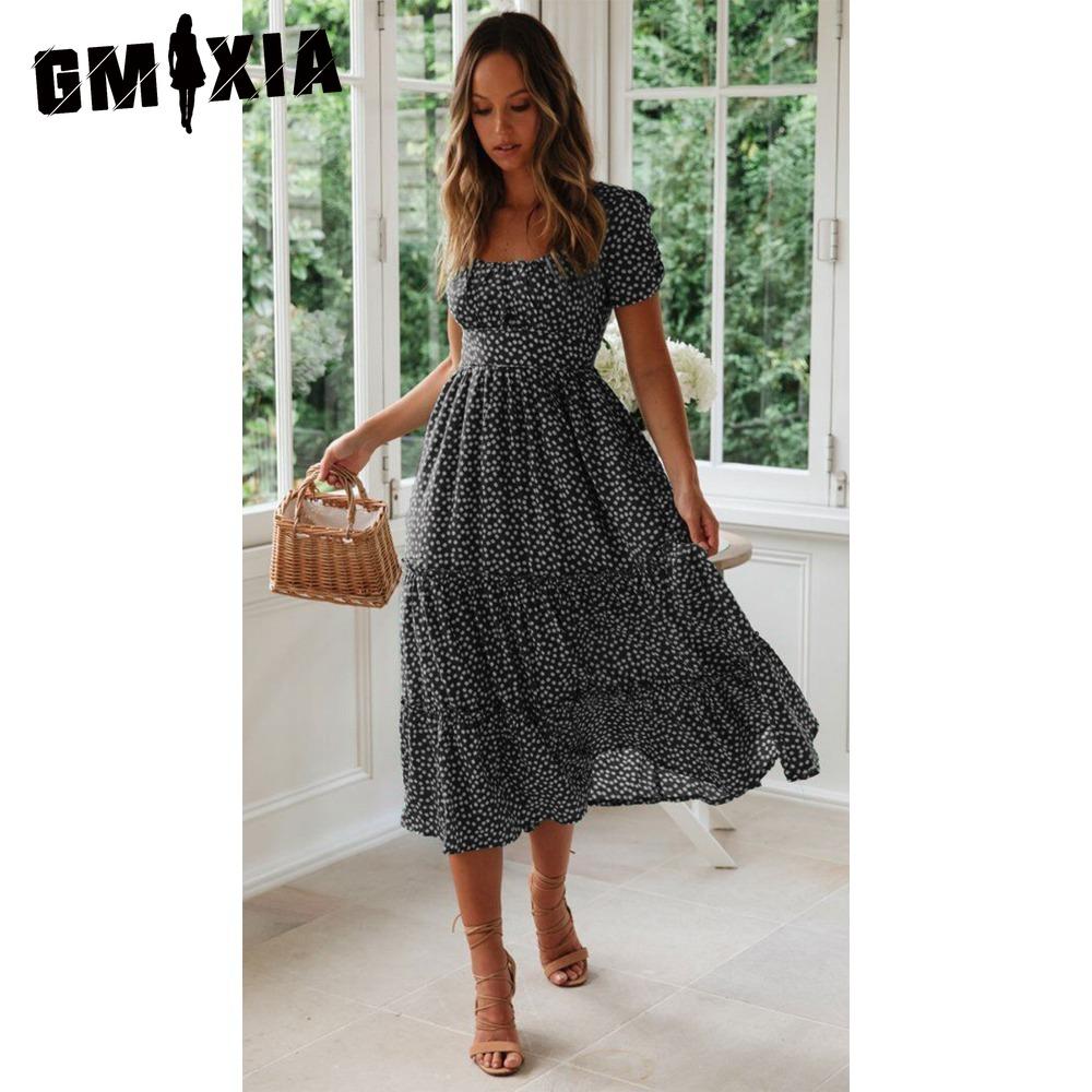 GMXIA Summer Love Polka Dot Dress Women Casual A-Line Short Sleeve Square Collar Ruffle Midi Dress Chiffon Red Black Blue Green