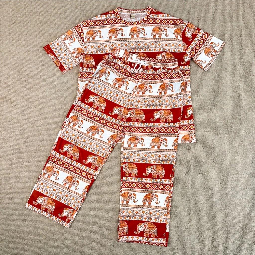 Słoniowe Spodnie Koszula Zestaw Okrągły Dekolt Krótki Top Krótki Rękaw Regulowany Elastyczny Pas Pasek Kobiety Nadruk Tajlandia Casualowy Bohemski Retro Vintage