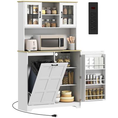 175cm Tall Kitchen Cabinet, Kitchen Cupboard with Rubbish Bin Cabinet, 3 Door Shelves and 2 Acrylic Doors, White