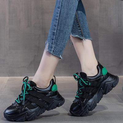 Leather Dad Shoes Women's Spring and Autumn Four Seasons Thickened Black Heightening Women's Shoes Ins Shoes Sneakers Women's Breathability