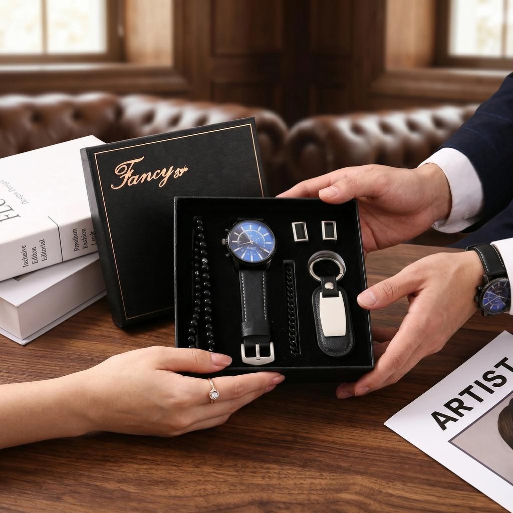Premium Men's Souvenir Gift Set Custom Logo Leather Wallet Belt Watch Sunglasses 4-Piece Valentine Birthday Luxury Box
