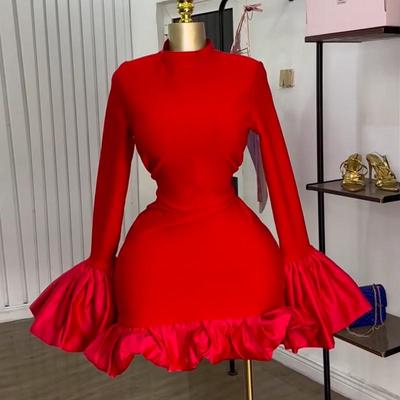 Vestido elegante europeo y americano de primavera 2025 con cuello semi-alto, manga acampanada, cintura alta con volantes y corte ajustado para mujer