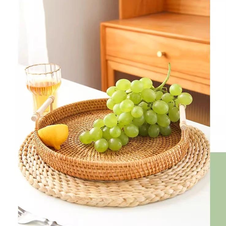 Rattan Bread Storage Woven Snacks Fruit Round Tray Picnic Binaural Tray Living Room Table Finishing Bread Plates Wood Handle