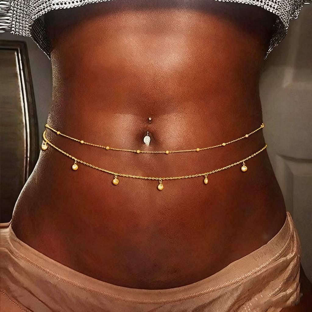 Sexy Fashion Tassel Rhinestone Belly Chains For Women Double Layer Metal Beach Vacation Belly Link Chains Waist Body Jewelry