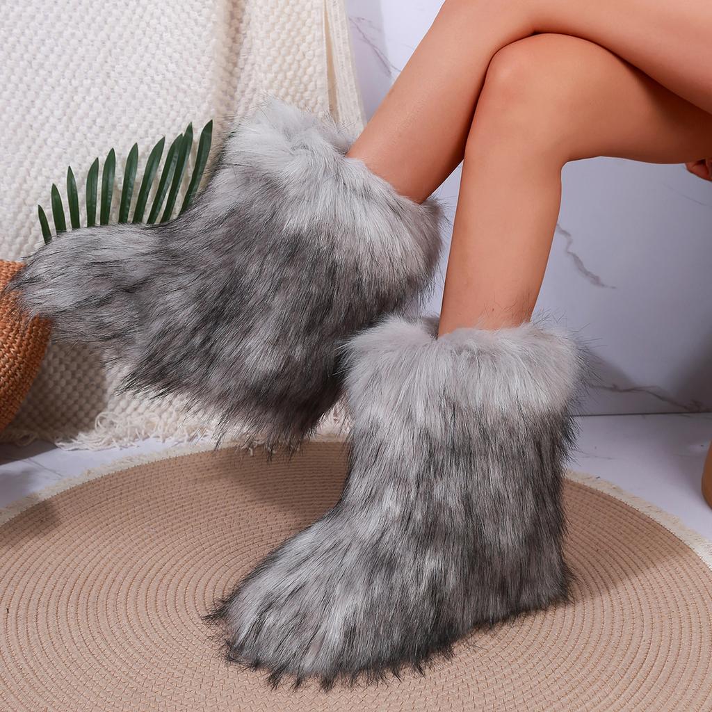 Fashion Women Faux Fur Ankle Boots Winter 2025 Fluffy Plush Snow Boots Warm Luxury Fashion Furry Boots Comfortable Outdoor Flat Shoes
