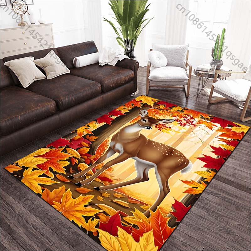 Autumn Maple Leaves Deer Printed Carpet for Living Room Bedroom Bedside Bathroom Floor Mat Area Rugged Sofa Mat Home Decor